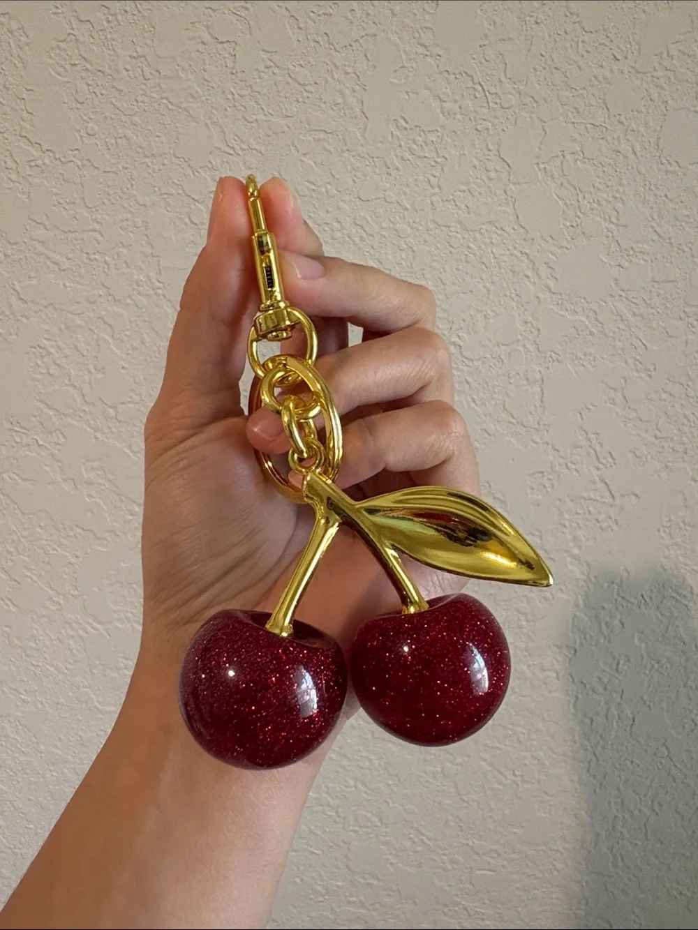 NWOT Gold Cherry Keychain Bag Charm with Red Glitter Cherries
